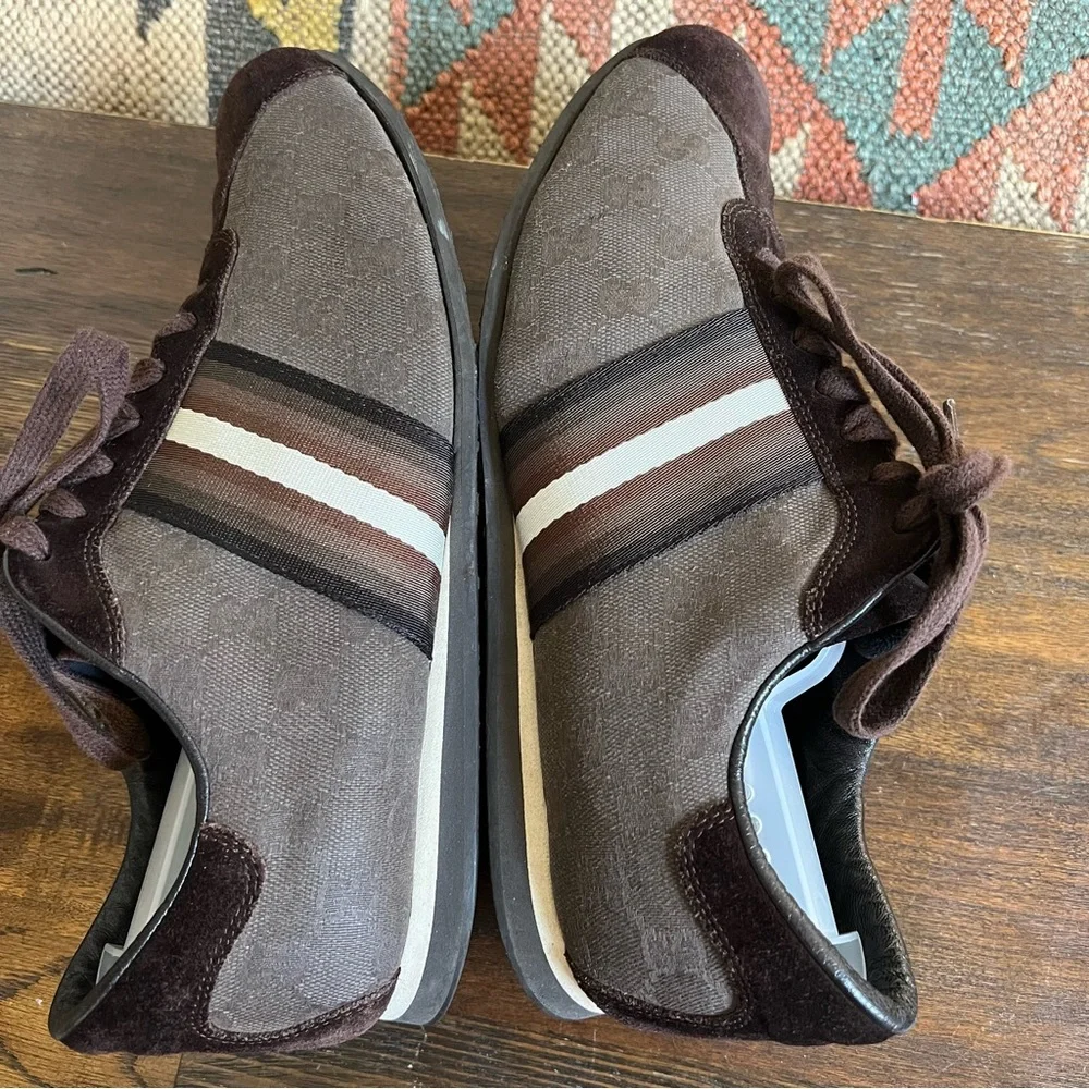 GUCCI Brown Canvas/Suede Web Detail Low Top Sneakers Gucci Size 7.5 US8